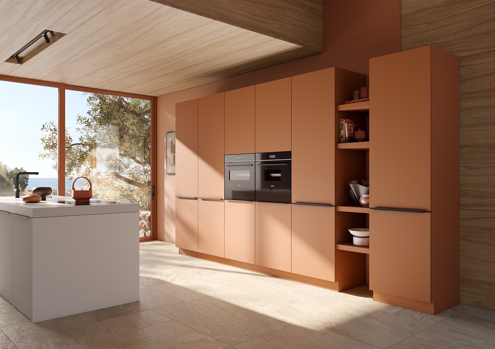 Hacker Systemat German kitchen in warm terracotta matt finish with integrated Siemens appliances.