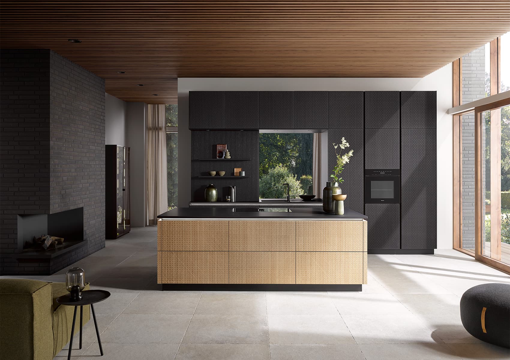 Hacker Systemat kitchen with Vienna-weave wood-front island and dark textured tall units.