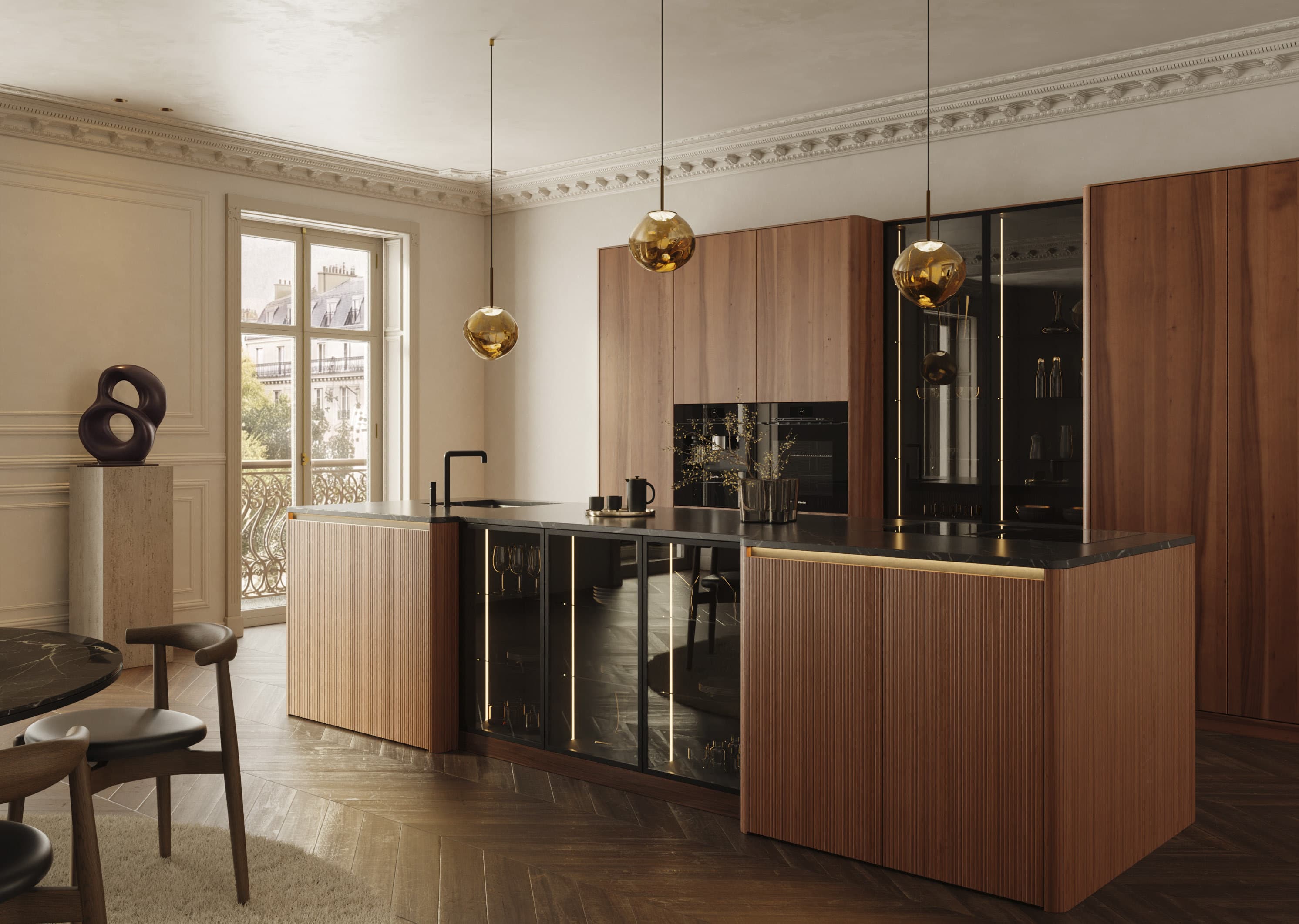Hacker systemat AV 6023-GL reeded veneer handleless kitchen