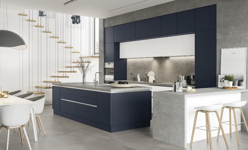 Blue and white handleless kitchen
