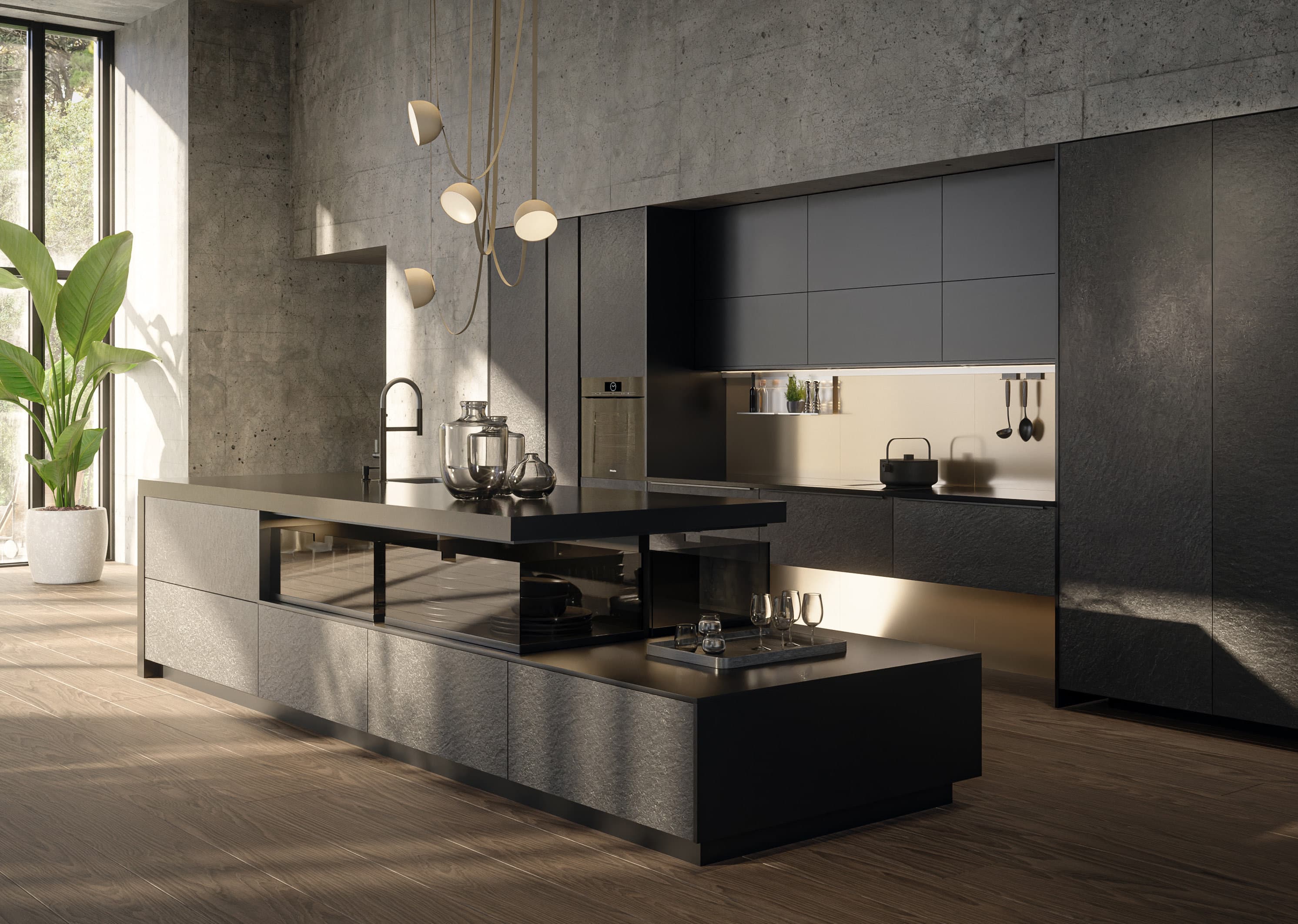 Hacker systemat AV 7030 stone veneer handleless kitchen